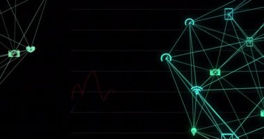 Siyah arkaplan üzerindeki simgelerle bağlantı ağlarının animasyonu. Küresel finans, iş, bağlantılar, hesaplama ve veri işleme kavramı dijital olarak oluşturulmuş video.