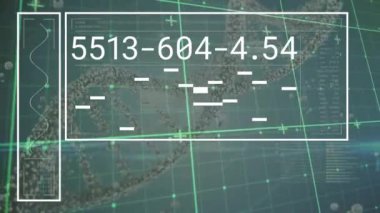 Mavi arka plandaki DNA ipliği üzerinde veri işleme animasyonu. Bilim, teknoloji, bilgisayar ve dijital arayüz konsepti dijital olarak oluşturulmuş video.