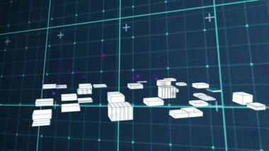 Mimari şehir manzarası üzerinde ağ animasyonu karanlık arka planda. Veri, dijital arayüz, mimari, tasarım, bağlantı, işleme ve iletişim, dijital olarak oluşturulmuş video.