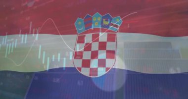 Hırvat bayrağı üzerinde veri işleme ve diyagramlarının animasyonu. Küresel vatanseverlik ve dijital arayüz kavramı dijital olarak oluşturulmuş video.