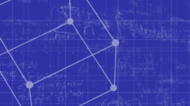 Mavi arkaplan üzerinde matematiksel denklemlerin animasyonu. Eğitim, teknoloji ve dijital arayüz kavramı dijital olarak oluşturulmuş video.