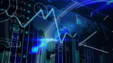 Karanlık arka planda finansal veri işleme animasyonu. Küresel iş, bağlantılar, hesaplama ve veri işleme kavramı dijital olarak oluşturulmuş video.