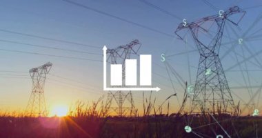 Diyagram ve sütunlar üzerinden para birimi simgeleriyle bağlantı ağının animasyonu. Küresel iş ve dijital arayüz kavramı dijital olarak oluşturulmuş video.