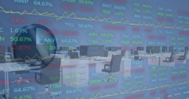 Ofis üzerinde finansal veri işleme animasyonu. Küresel finans, iş, bağlantılar, hesaplama ve veri işleme kavramı dijital olarak oluşturulmuş video.