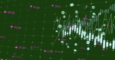 Simgelerle bağlantı ağı üzerinden finansal veri işleme animasyonu. Küresel finans, iş, bağlantılar, hesaplama ve veri işleme kavramı dijital olarak oluşturulmuş video.