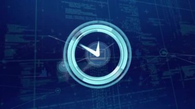 Simgeler ve veri işleme ile bağlantı ağının üzerindeki saatin animasyonu. Küresel finans, iş, bağlantılar, hesaplama ve veri işleme kavramı dijital olarak oluşturulmuş video.
