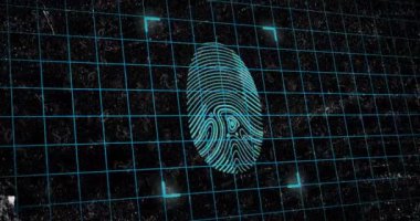 Karanlık arka planda biyometrik parmak izi ve veri işleme animasyonu. Küresel finans, iş, bağlantılar, hesaplama ve veri işleme kavramı dijital olarak oluşturulmuş video.