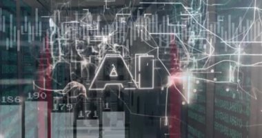 Bilgisayar sunucuları üzerinde ai metin ve veri işleme animasyonu. Dijital olarak oluşturulmuş küresel yapay zeka, bağlantılar, hesaplama ve veri işleme kavramı.