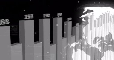 Siyah arka plandaki dünya ve grafik işleme verilerinin animasyonu. Ağ, veri, dijital arayüz ve küresel iletişim, dijital olarak oluşturulmuş video.