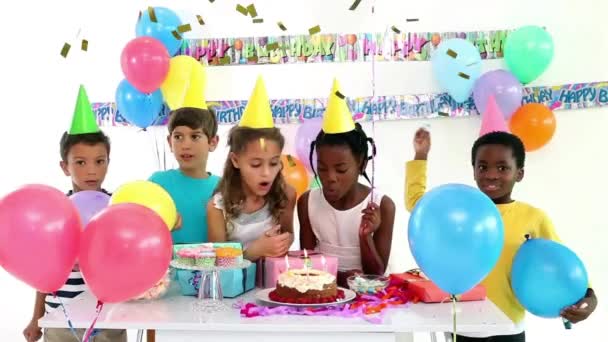 Animation Gold Confetti Falling Happy Diverse Girls Boys Celebrating Birthday — Stock Video