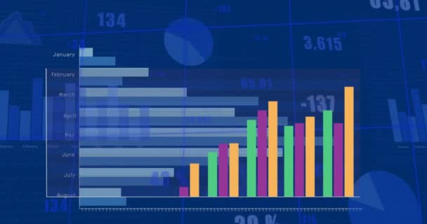 Animering Färgglada Diagram Över Diagram Och Databehandling Blå Bakgrund Data — Stockvideo