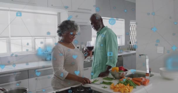 Animação Rede Conexões Com Ícones Sobre Casal Americano Africano Sênior — Vídeo de Stock