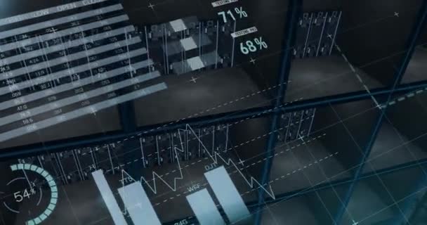 Animación Del Procesamiento Datos Diagramas Mapa Del Mundo Sala Servidores — Vídeos de Stock