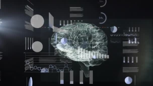 Animatie Van Financiële Gegevensverwerking Digitale Hersenen Zwarte Achtergrond Global Science — Stockvideo