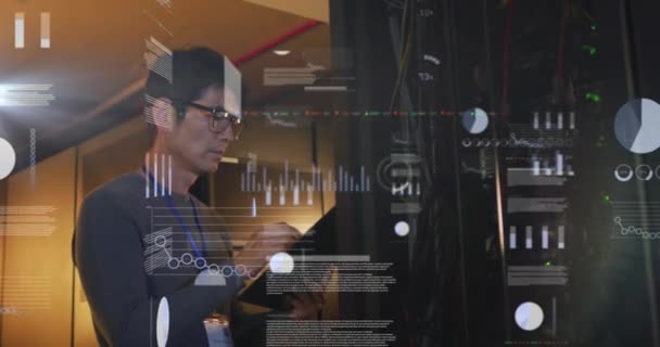 Animatie Van Gegevensverwerking Aziatische Man Het Ingenieur Door Computerservers Wereldwijd — Stockvideo