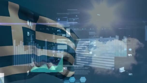 青い空とチャート処理データの上のギリシャの旗のアニメーション ギリシャ語 ネットワーク データ デジタルインターフェース ビジネス グローバルコミュニケーション デジタル生成ビデオ — ストック動画