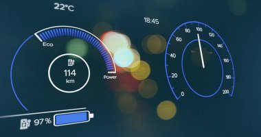 Şehrin üzerinde çalışan elektrikli araba hız göstergesi görüntüsü. Küresel elektrikli araba seyahati, iş dünyası, finans, bilgisayar ve veri işleme kavramı dijital olarak oluşturulmuş görüntü.