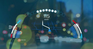 Şehrin üzerinde çalışan elektrikli araba hız göstergesi görüntüsü. Küresel elektrikli araba seyahati, iş dünyası, finans, bilgisayar ve veri işleme kavramı dijital olarak oluşturulmuş görüntü.