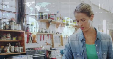 Image of statistics and data processing on grey background. Global business finance and connections concept digitally generated image.