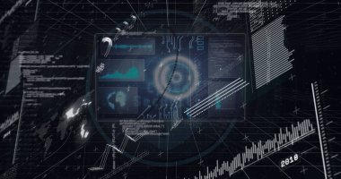 Siyah arkaplan üzerinde veri işleme ile dijital arayüzün resmi. Küresel veri işleme konsepti dijital oluşturulmuş resim.