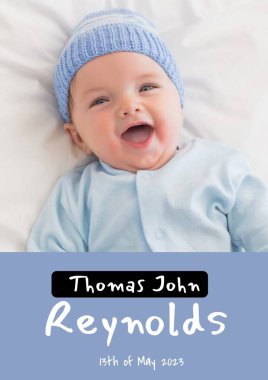 Thomas John Reynolds 'ın kompozisyonu, mavi arka planda beyaz bir bebeğin doğum tarihiyle mesajlaşıyor. Doğum günü, çocukluk ve iletişim konsepti dijital olarak oluşturulmuş görüntü.