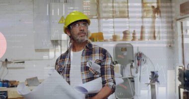 Kafkas erkek mimarın stüdyoda planları tutarken görüntüsü. Küresel iletişim, iş ve dijital arayüz kavramı dijital olarak oluşturulmuş görüntü.