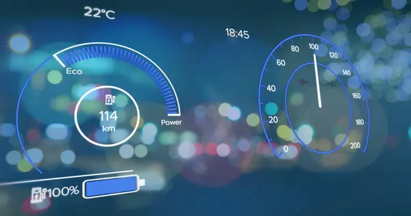 Obraz Elektrycznego Prędkościomierza Samochodowego Przetwarzającego Dane Nad Miastem Globalna Koncepcja — Zdjęcie stockowe