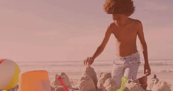 African American Young Boy Building Sand Castles Beach Childhood Travel — Stock Photo, Image