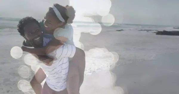 Image Happy African American Couple Having Fun Beach Seascape Holidays — Stock Photo, Image