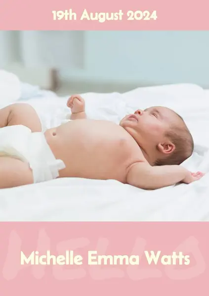 Sammansättning Michelle Emma Watt Text Med Födelsedatum Över Kaukasisk Baby — Stockfoto
