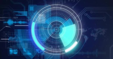 Animation of scope scanning over data processing on blue background. Global technology, computing and digital interface concept digitally generated video.