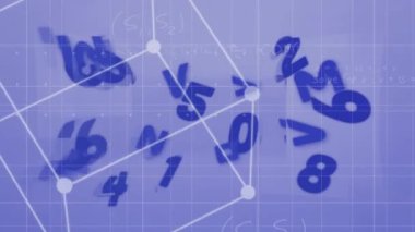 Matematiksel denklemlerin ve sayıların mavi arkaplan üzerindeki animasyonu. Eğitim, teknoloji ve dijital arayüz kavramı dijital olarak oluşturulmuş video.