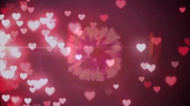 Kırmızı ışıkta hareket eden beyaz ve pembe kalplerin animasyonu ve karanlık arka planda havai fişekler. Romantizm, aşk, sevgililer günü, bağlantı, dijital arayüz ve iletişim, dijital olarak oluşturulmuş video.