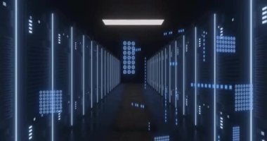 Bilgisayar sunucuları üzerinde devre kartı ve dijital veri işleme animasyonu. Dijital olarak oluşturulmuş küresel bağlantılar, hesaplama ve veri işleme kavramı.