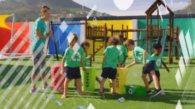 Çocuk parkında geri dönüşüm yapan çeşitli bayan öğretmenler ve çocukların çizelgelerinin animasyonu. Veri, dijital arayüz, eğitim, ekoloji, okul ve iletişim, dijital olarak oluşturulmuş video.