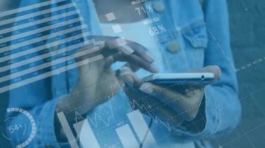 Akıllı telefon kullanan Afro-Amerikan kadın üzerinden finansal veri işleme animasyonu. Dijital olarak oluşturulan küresel finansman, iletişim ve dijital arayüz kavramı.