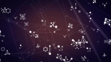 Moleküllerin animasyonu ve karanlık arka plandaki bağlantı ağı. Dijital olarak oluşturulmuş küresel bağlantılar, hesaplama ve veri işleme kavramı.