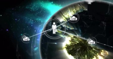 Dünya üzerindeki simgelerle bağlantı ağının animasyonu. küresel iş ve dijital arayüz kavramı dijital olarak oluşturulmuş video.