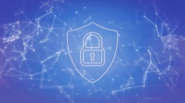 Mavi arkaplan üzerinde asma kilit simgesi ve bağlantı ağının canlandırılması. Küresel finans, iş, bağlantılar, hesaplama ve veri işleme kavramı dijital olarak oluşturulmuş video.