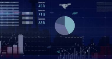 Geceleri şehir binaları üzerinde verileri işleyen grafik ve grafiklerin animasyonu. Ağ, veri, bağlantı, dijital arayüz, işleme ve iletişim, dijital olarak oluşturulmuş video.