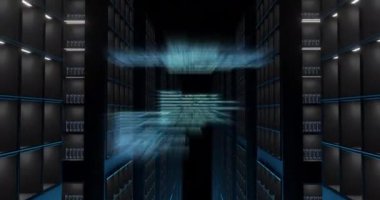 Siyah arkaplan üzerinde dijital veri işleme animasyonu. Dijital olarak oluşturulmuş küresel bağlantılar, hesaplama ve veri işleme kavramı.