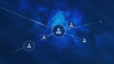 Animation of network of connections with icons on blue background. Global connections, technology and digital interface concept digitally generated video.