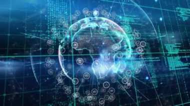 Veri işleme üzerinde dünya ve simgelerle bağlantı ağının animasyonu. Küresel teknoloji ve dijital arayüz konsepti dijital olarak oluşturulmuş video.