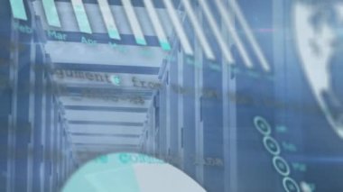Sunucu odasında veri işleme animasyonu. küresel teknoloji, bilgisayar ve dijital arayüz kavramı dijital olarak oluşturulmuş video.