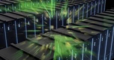 Bilgisayar sunucuları üzerinde dijital veri işleme animasyonu. Dijital olarak oluşturulmuş küresel bağlantılar, hesaplama ve veri işleme kavramı.