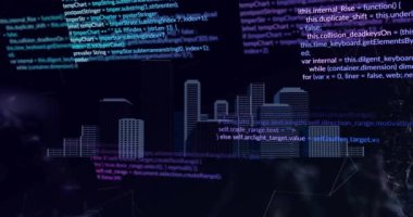 Dijital şehirde veri işleme animasyonu. Küresel bilim, teknoloji ve dijital arayüz kavramı dijital olarak oluşturulmuş video.