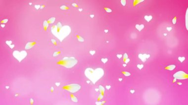 Çiçek yapraklarının düşüşünün animasyonu ve pembe arka planda kalpler. Dijital olarak oluşturulan video kavramını soyutlar ve şekillendirir.