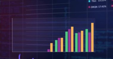 Çizelgeler üzerine renkli grafiklerin animasyonu ve siyah arkaplanda finansal veri işleme. Finans, veri, dijital arayüz, bağlantı, ağ ve küresel iletişim, dijital olarak oluşturulmuş video.