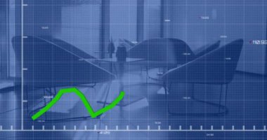 Boş ofis üzerinden finansal veri işleme animasyonu. Küresel finans, iş, bağlantılar, hesaplama ve veri işleme kavramı dijital olarak oluşturulmuş video.