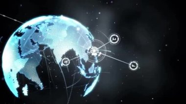 Dünya üzerindeki simgelerle bağlantı ağının animasyonu. Küresel iş, ağ oluşturma, bağlantılar, hesaplama ve veri işleme kavramı dijital olarak oluşturulmuş video.